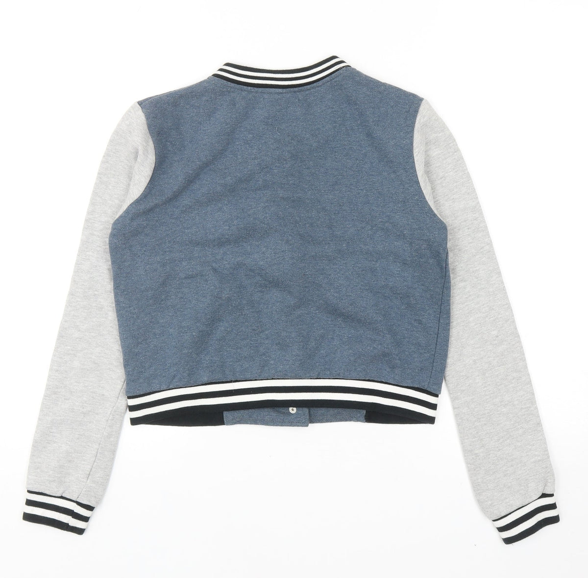 Back view of Brave Soul boys’ blue colourblock varsity jacket jacket, size S, snap - ny initials