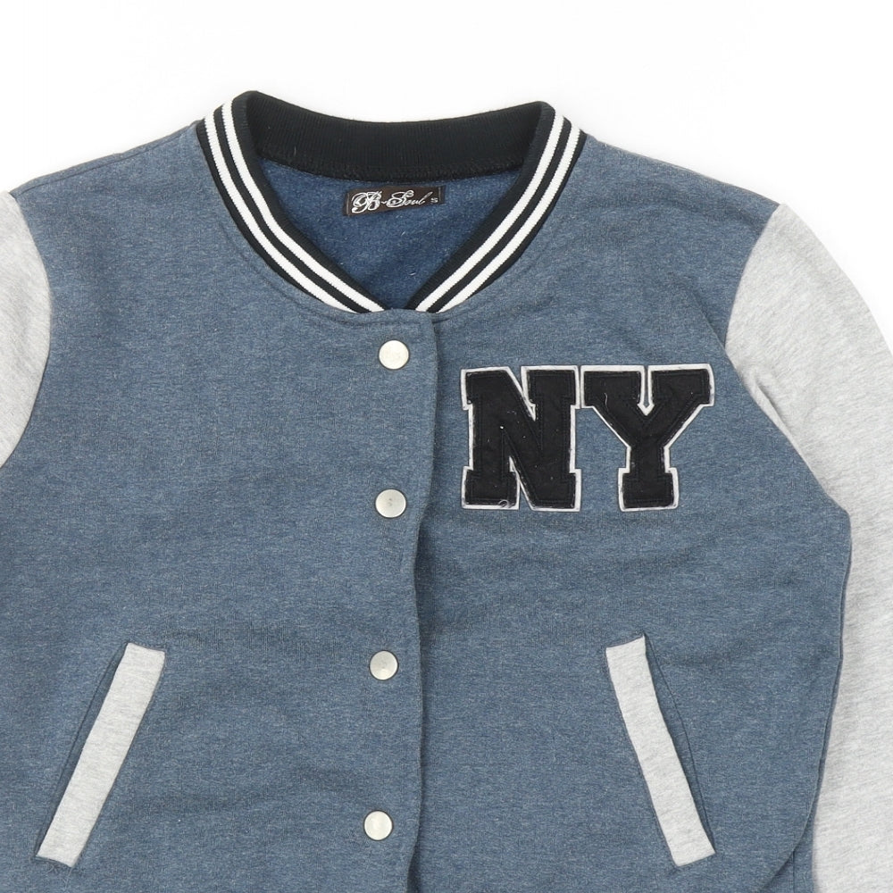 Close-up detail of Brave Soul boys’ blue colourblock varsity jacket jacket, size S, snap - ny initials