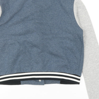 Brand and care label for Brave Soul boys’ blue colourblock varsity jacket jacket, size S, snap - ny initials