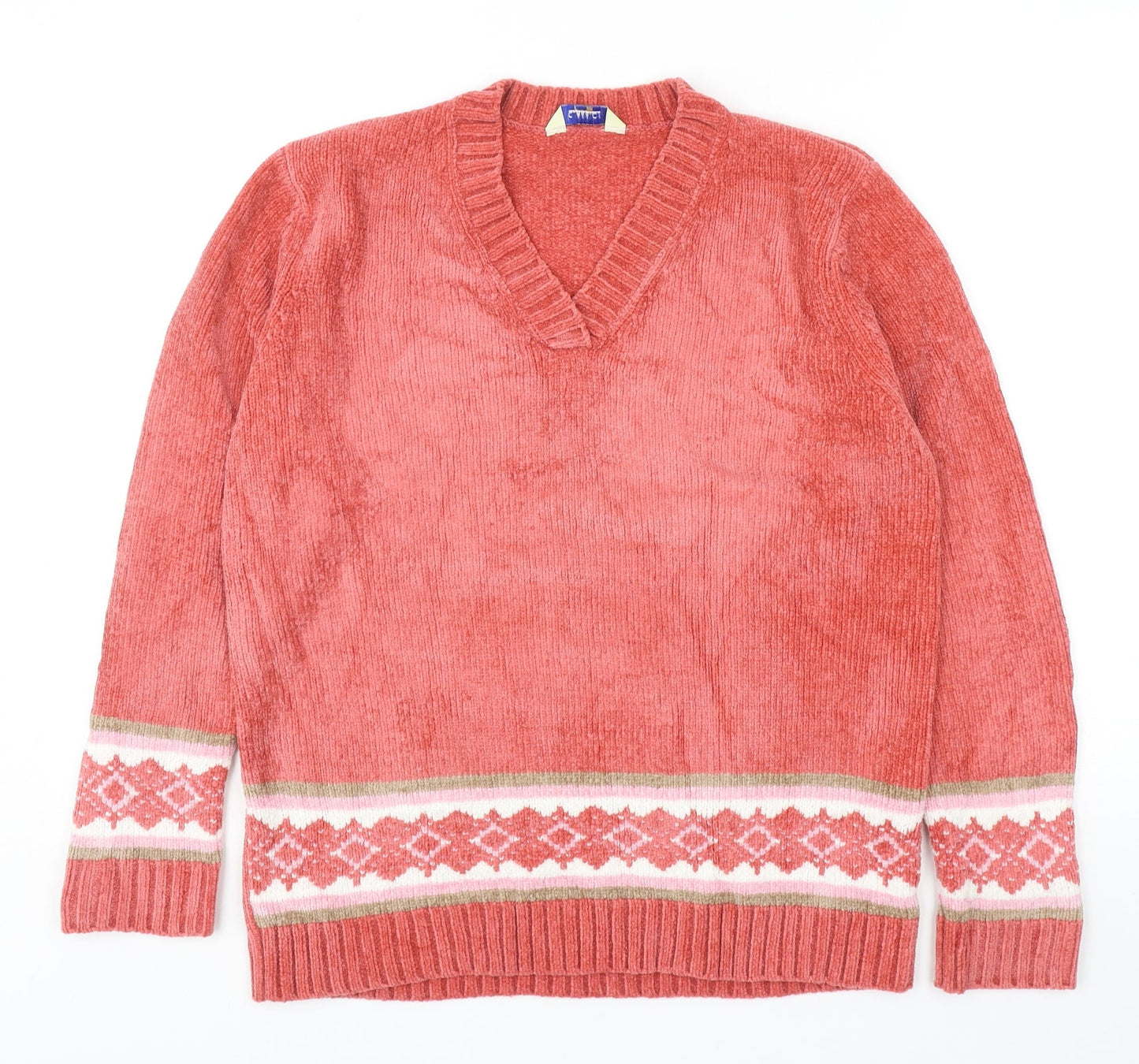 Classics Womens Pink V-Neck Fair Isle Acrylic Pullover Jumper Size 12