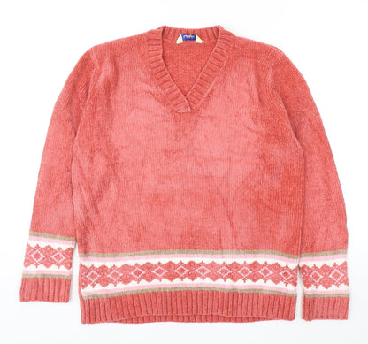 Classics Womens Pink V-Neck Fair Isle Acrylic Pullover Jumper Size 12