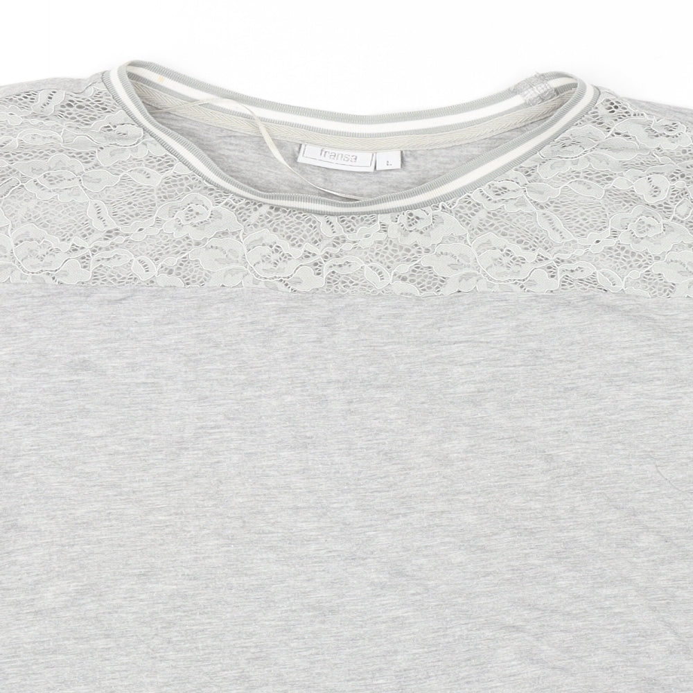 Fransa Womens Grey Polyester Basic T-Shirt Size L Roll Neck - Lace Detail
