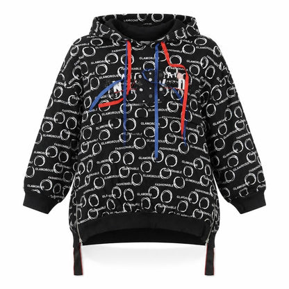 La Rosa Womens Black Geometric Cotton Pullover Hoodie Size M Pullover