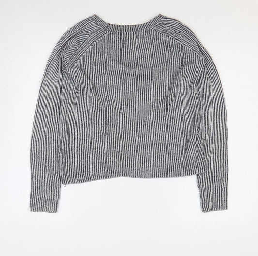 Jack Wills Womens Grey Round Neck Striped Cotton Pullover Jumper Size 8