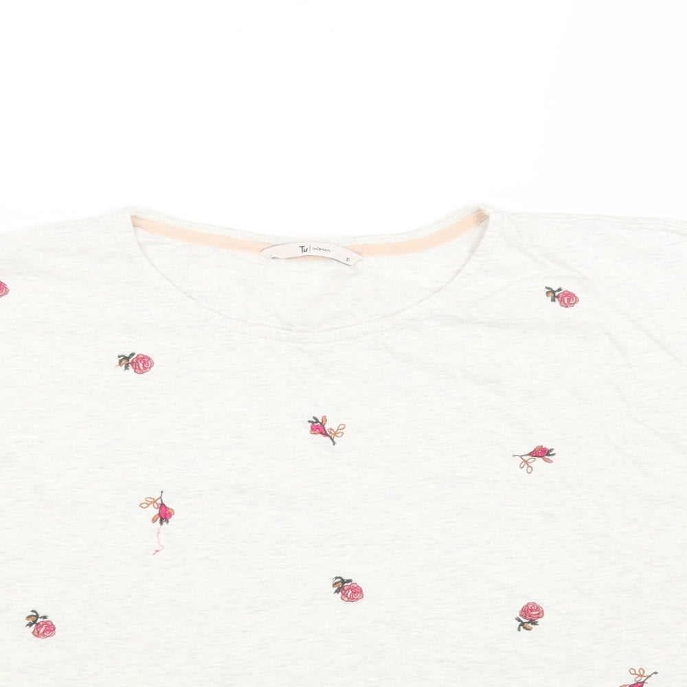 TU Womens Grey Floral Cotton Basic T-Shirt Size 10 Crew Neck