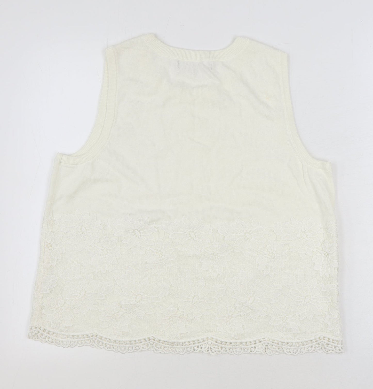 Fenn Wright Manson Womens Ivory Cotton Basic Tank Size 16 Round Neck - Lace Detail