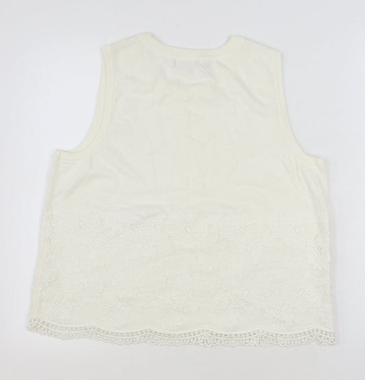 Fenn Wright Manson Womens Ivory Cotton Basic Tank Size 16 Round Neck - Lace Detail