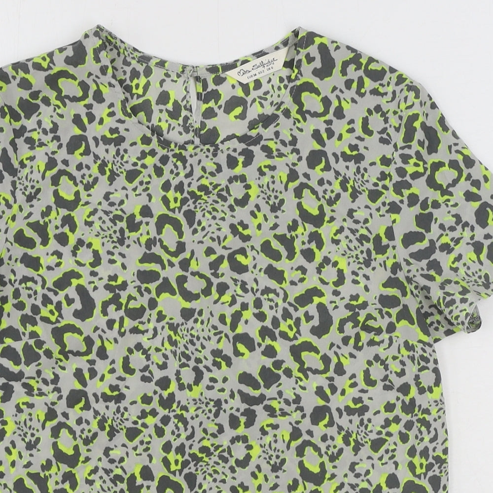 Miss Selfridge Womens Grey Animal Print Polyester Basic T-Shirt Size 6 Crew Neck