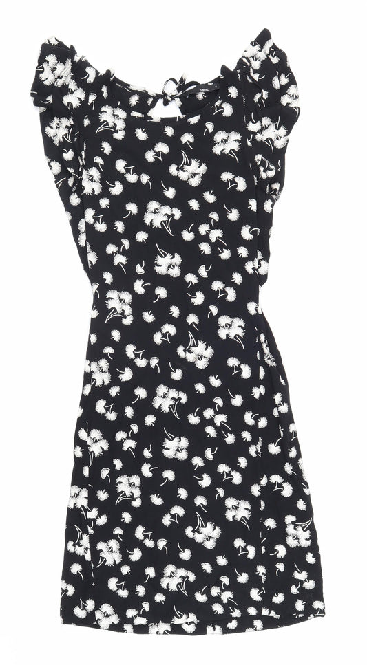 NEXT Womens Black Floral Viscose Fit & Flare Size 34 Boat Neck Zip