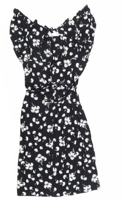 NEXT Womens Black Floral Viscose Fit & Flare Size 34 Boat Neck Zip