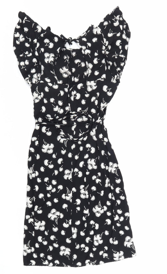 NEXT Womens Black Floral Viscose Fit & Flare Size 34 Boat Neck Zip