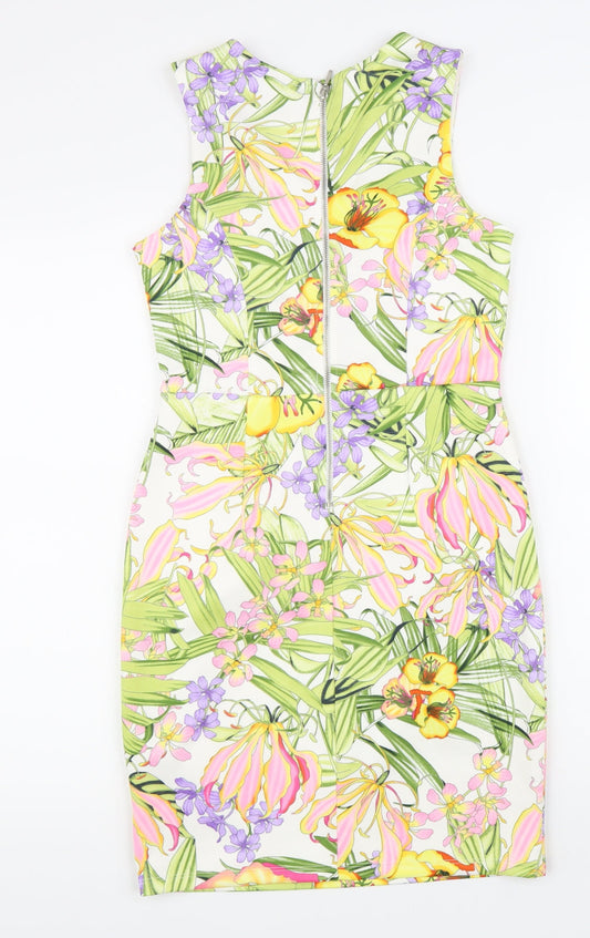 Definitions Womens Multicoloured Floral Polyester Pencil Dress Size 8 Boat Neck Zip