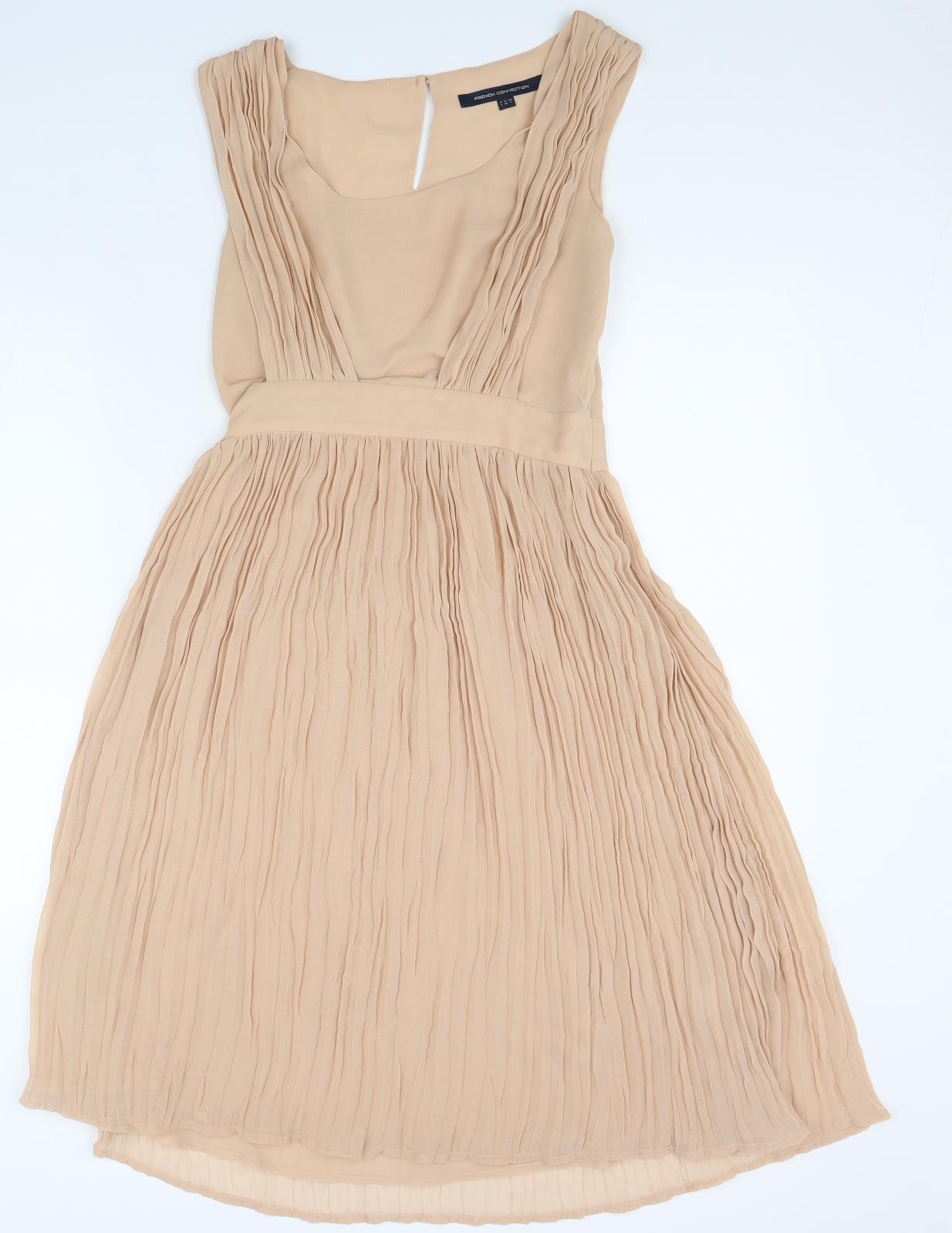 French Connection Womens Beige Polyester Fit & Flare Size 8 Scoop Neck Zip