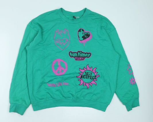 H&M Womens Green Cotton Pullover Sweatshirt Size XS Pullover - Fun Times Ahead