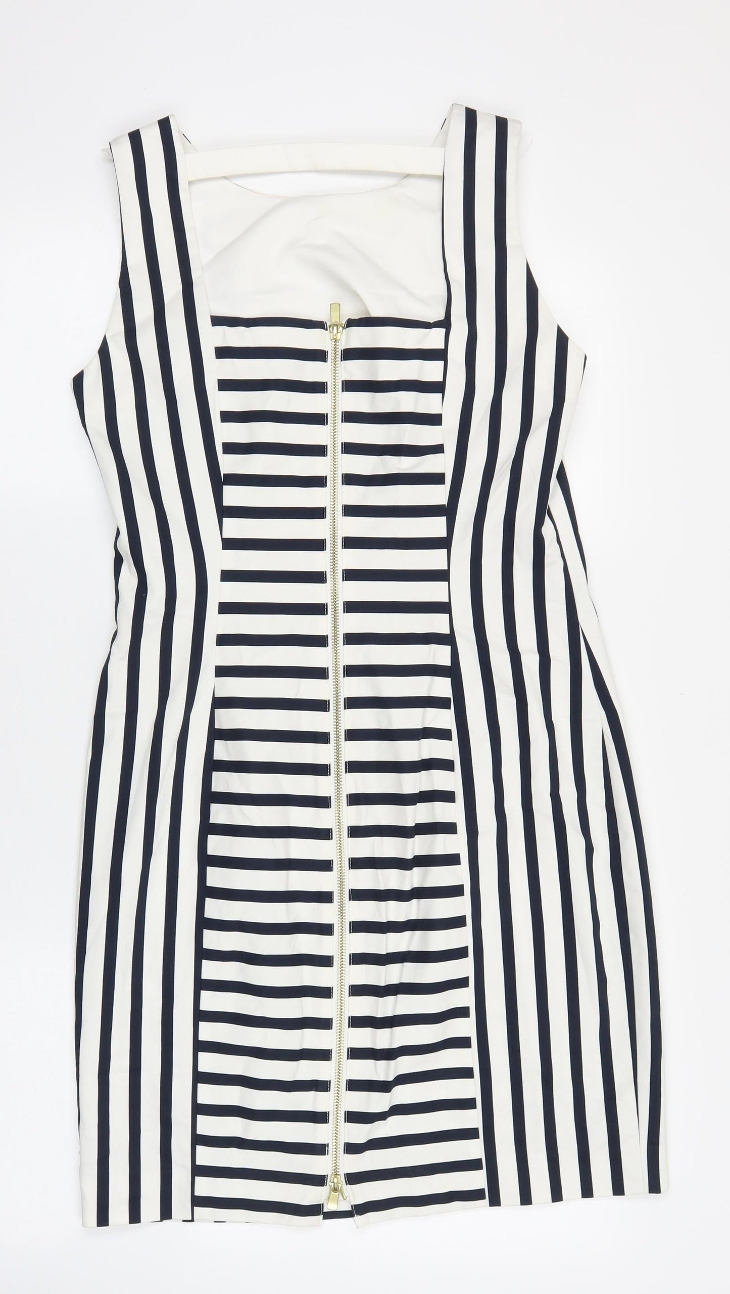 H&M Womens White Striped Cotton Pencil Dress Size 12 Boat Neck Zip
