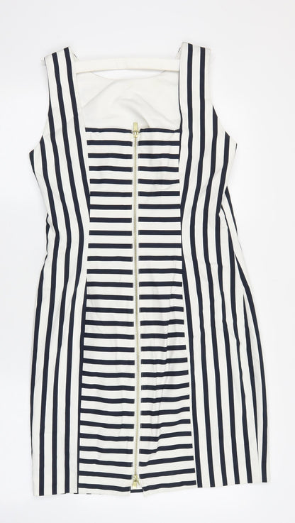 H&M Womens White Striped Cotton Pencil Dress Size 12 Boat Neck Zip