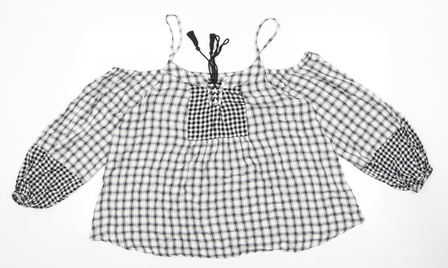 Papaya Womens White Check Viscose Cropped Blouse Size 16 Boat Neck