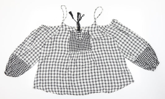 Papaya Womens White Check Viscose Cropped Blouse Size 16 Boat Neck