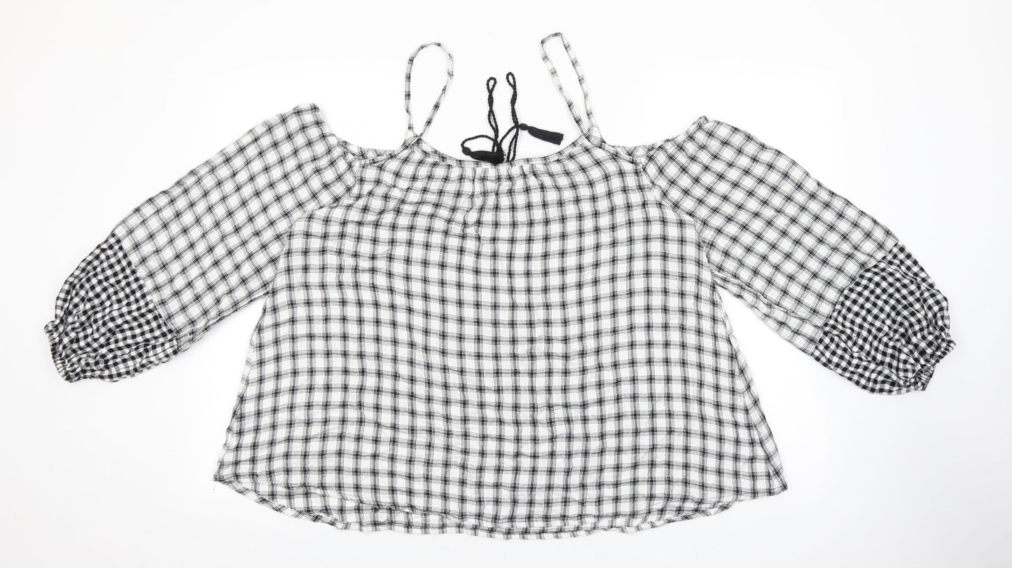 Papaya Womens White Check Viscose Cropped Blouse Size 16 Boat Neck