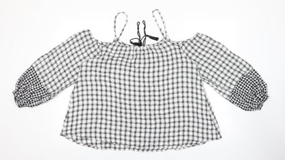 Papaya Womens White Check Viscose Cropped Blouse Size 16 Boat Neck