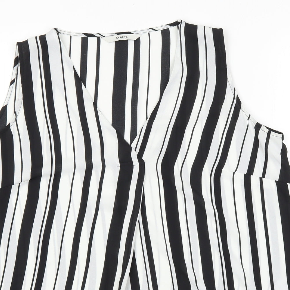 George Womens Black Striped Camel Basic Blouse Size 10 V-Neck