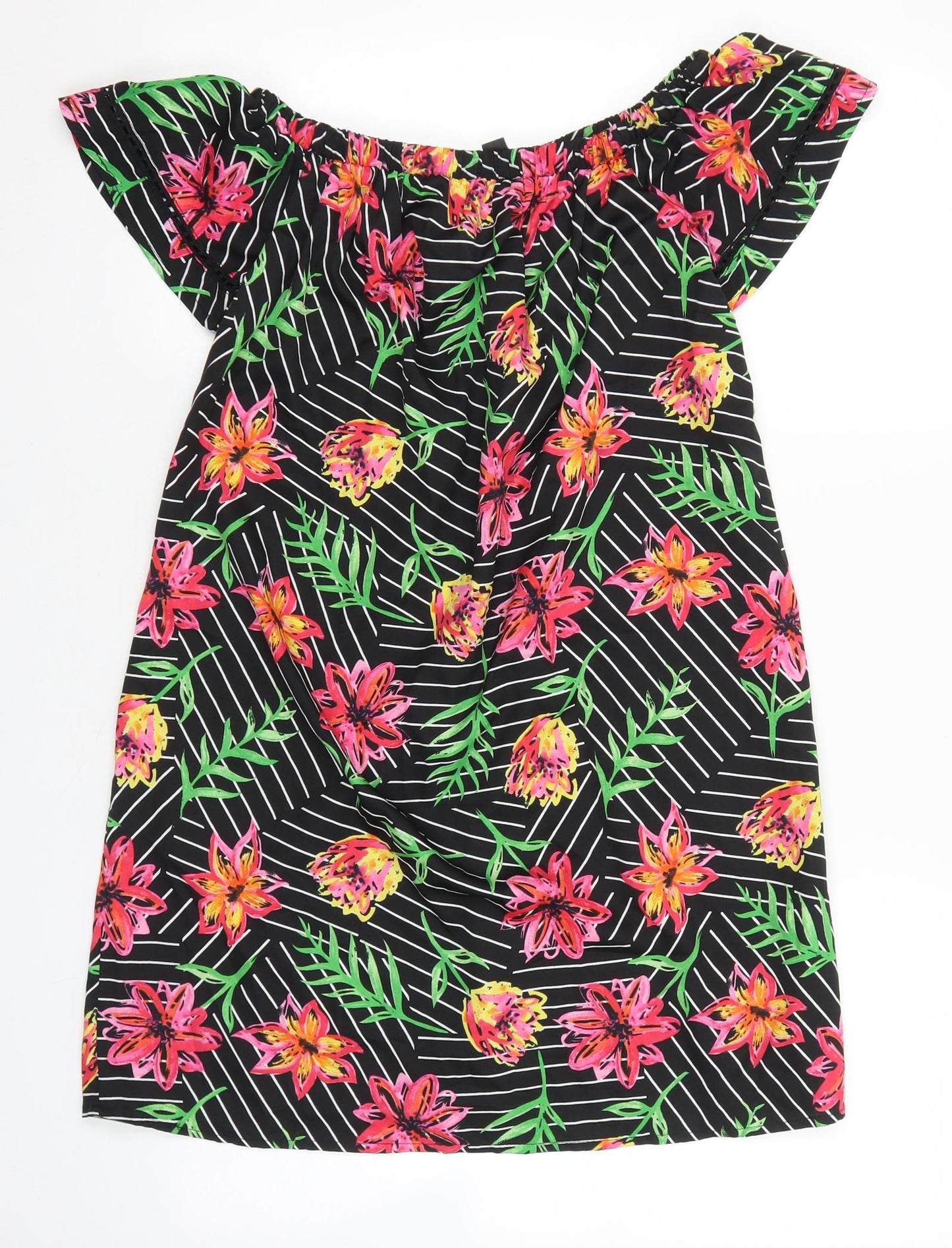 Primark Womens Black Floral Viscose Mini Size 10 Off the Shoulder Pullover