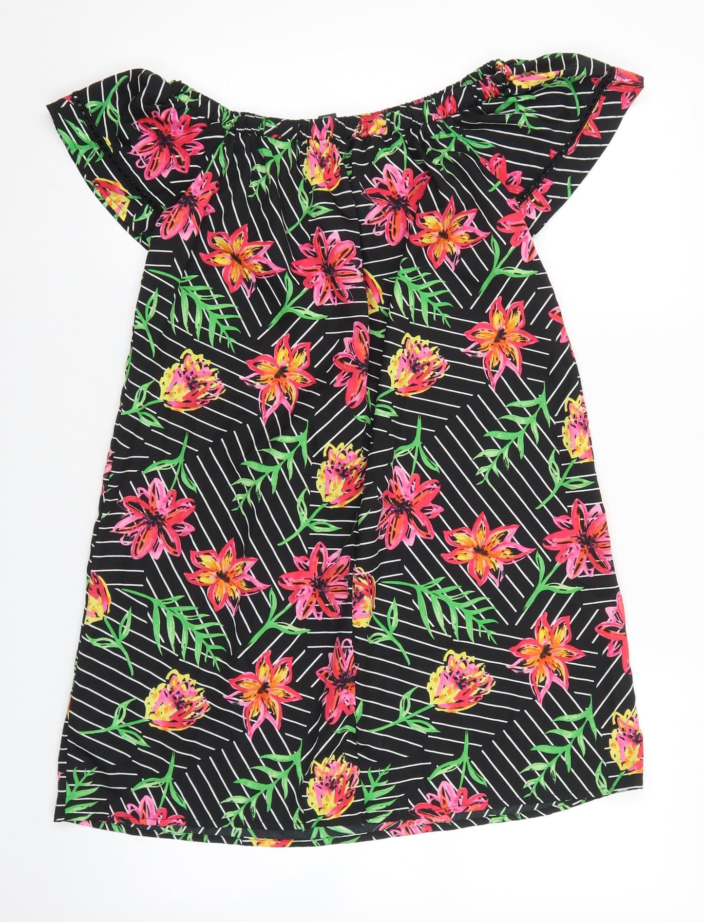 Primark Womens Black Floral Viscose Mini Size 10 Off the Shoulder Pullover