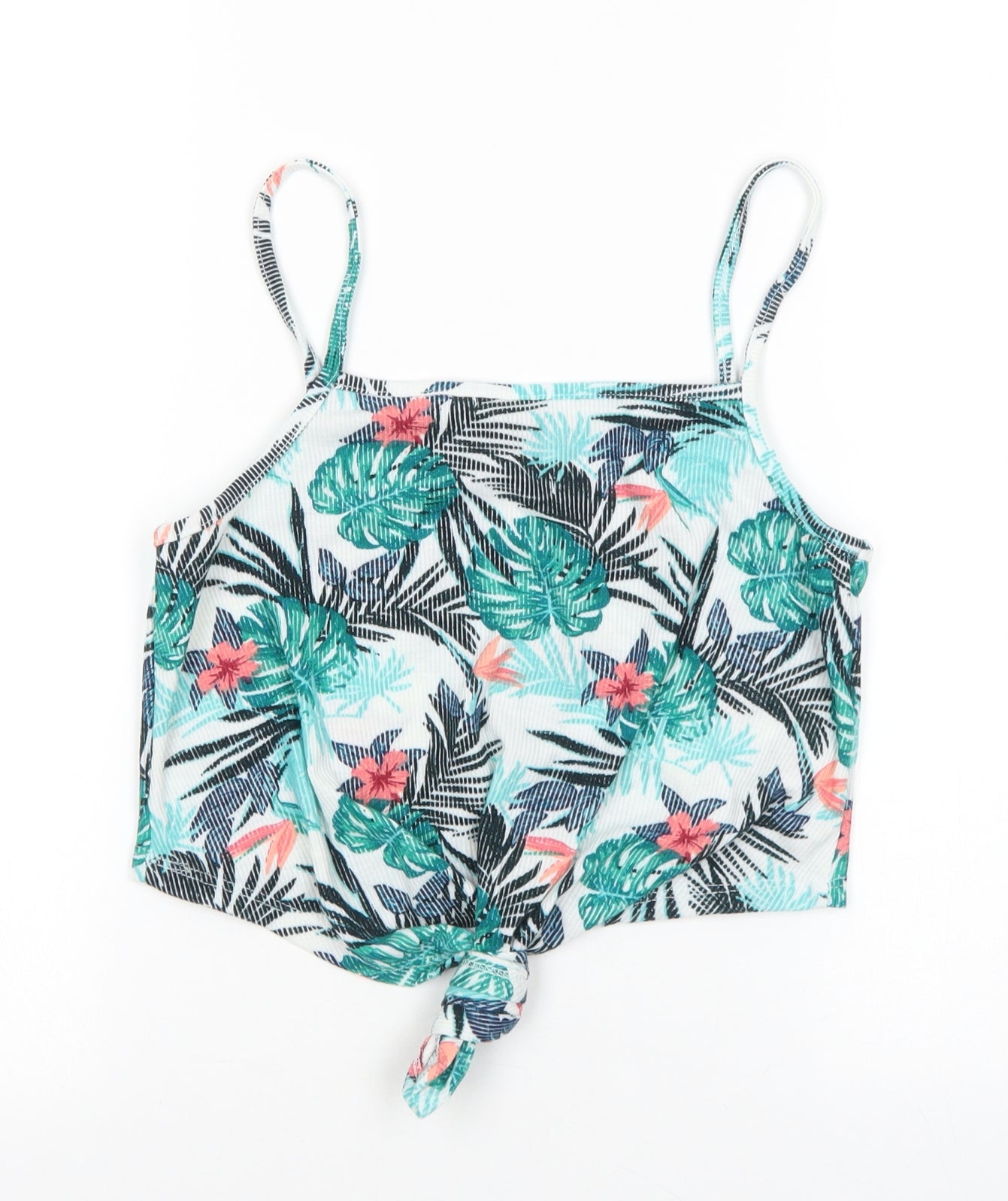 Primark Womens Multicoloured Geometric Polyester Basic Tank Size 12 Square Neck - Leaf Print Knot Front