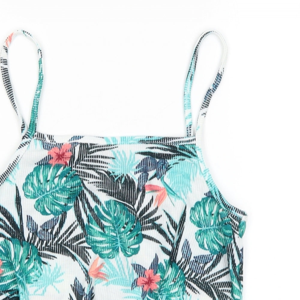 Primark Womens Multicoloured Geometric Polyester Basic Tank Size 12 Square Neck - Leaf Print Knot Front