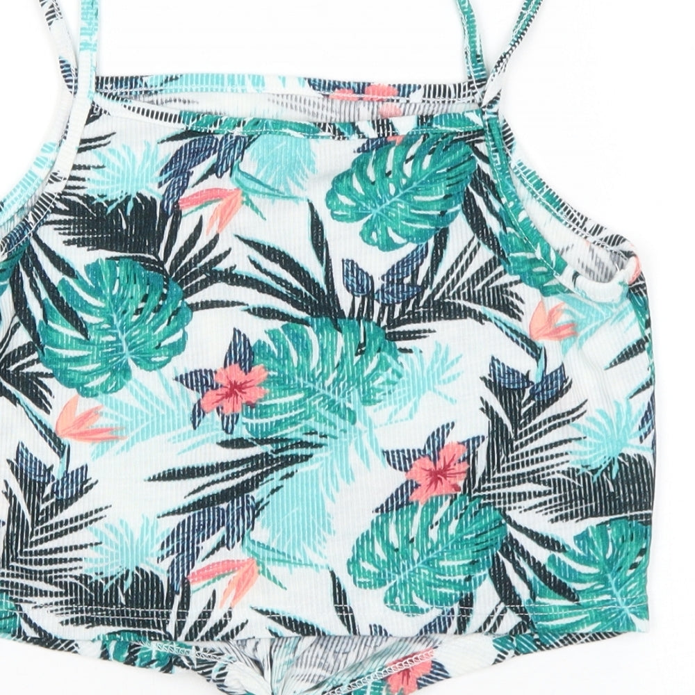 Primark Womens Multicoloured Geometric Polyester Basic Tank Size 12 Square Neck - Leaf Print Knot Front