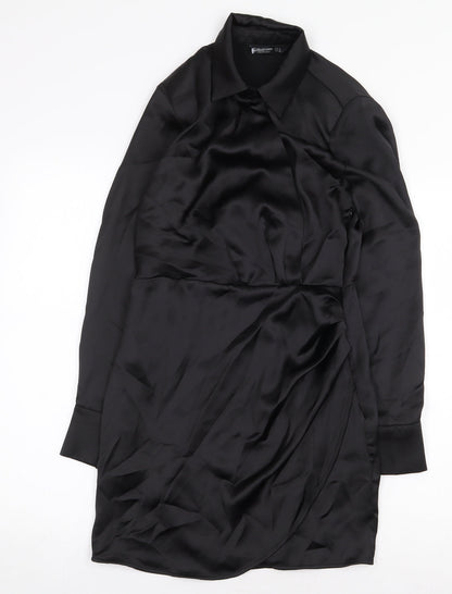 Stradivarius Womens Black Herringbone Polyester Shift Size S Collared Zip