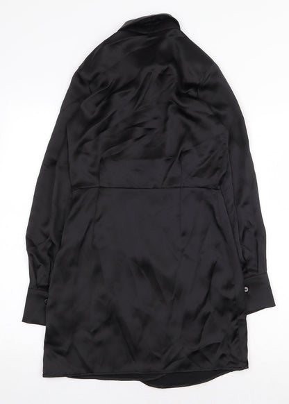 Stradivarius Womens Black Herringbone Polyester Shift Size S Collared Zip