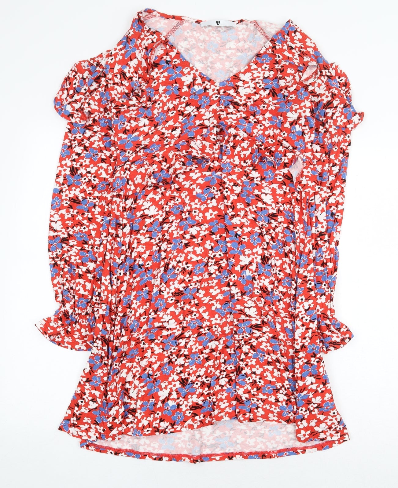 Very Womens Red Floral Viscose Shirt Dress Size 12 V-Neck Pullover