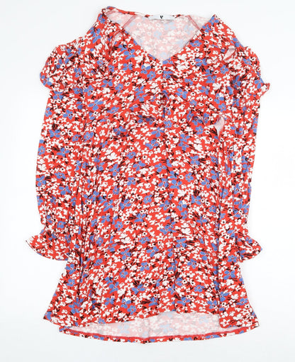 Very Womens Red Floral Viscose Shirt Dress Size 12 V-Neck Pullover