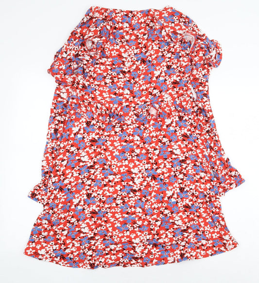 Very Womens Red Floral Viscose Shirt Dress Size 12 V-Neck Pullover