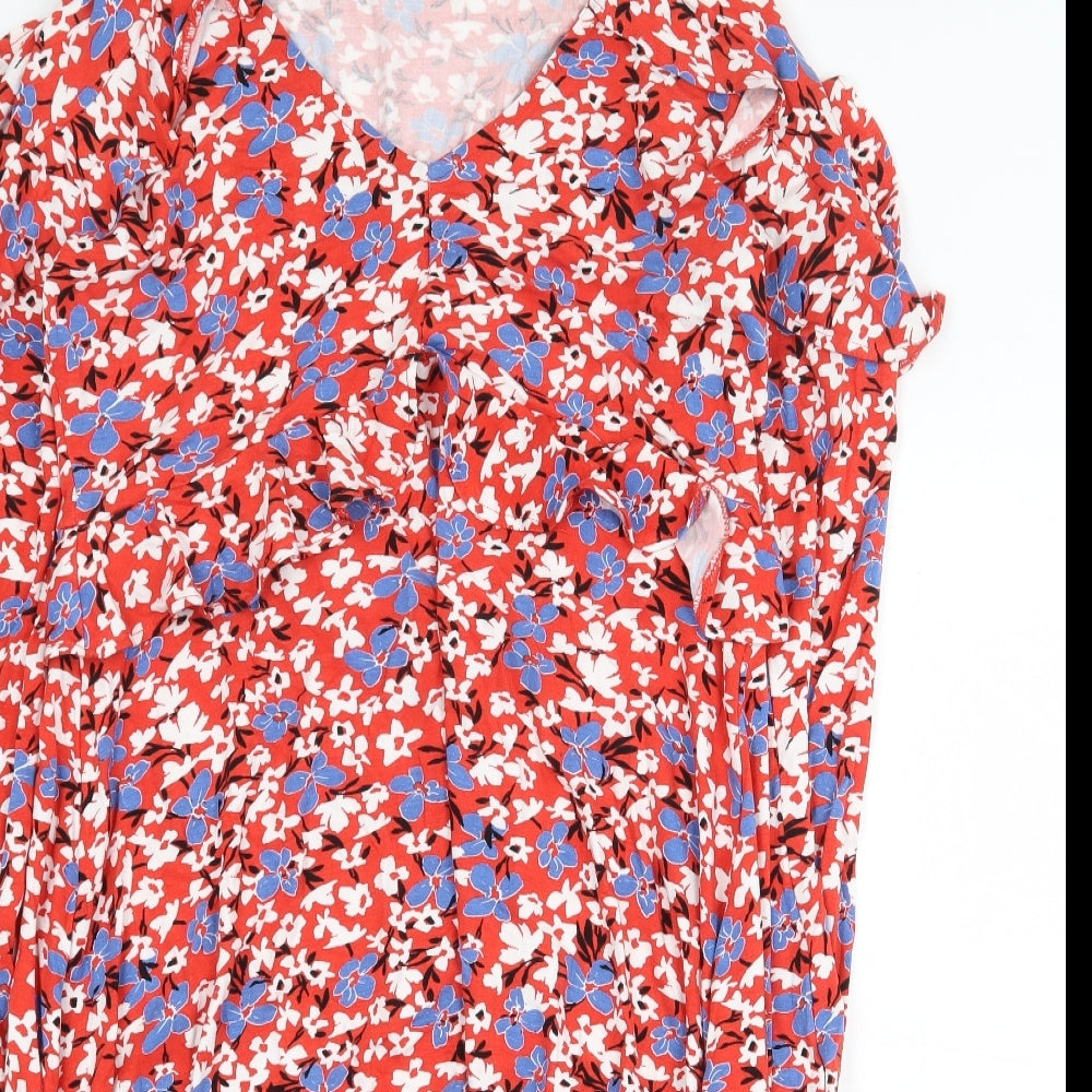 Very Womens Red Floral Viscose Shirt Dress Size 12 V-Neck Pullover