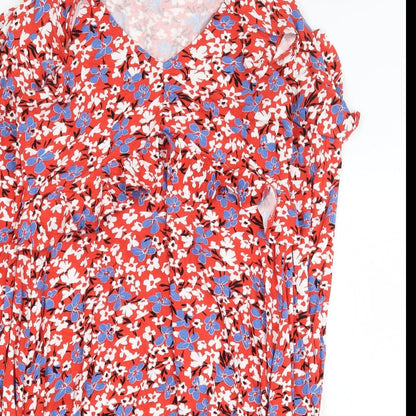 Very Womens Red Floral Viscose Shirt Dress Size 12 V-Neck Pullover