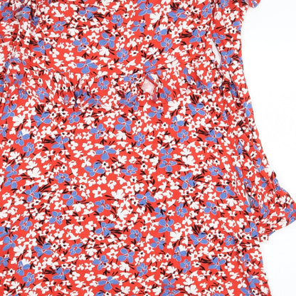 Very Womens Red Floral Viscose Shirt Dress Size 12 V-Neck Pullover