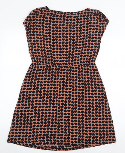 Maisy Womens Orange Geometric Polyester Skater Dress Size XS Boat Neck Pullover - Heart Print