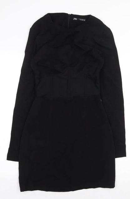 Zara Womens Black Polyamide Pencil Dress Size S Boat Neck Zip