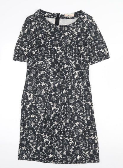 Billie & Blossom Womens Black Floral Polyester A-Line Size 12 Boat Neck Zip