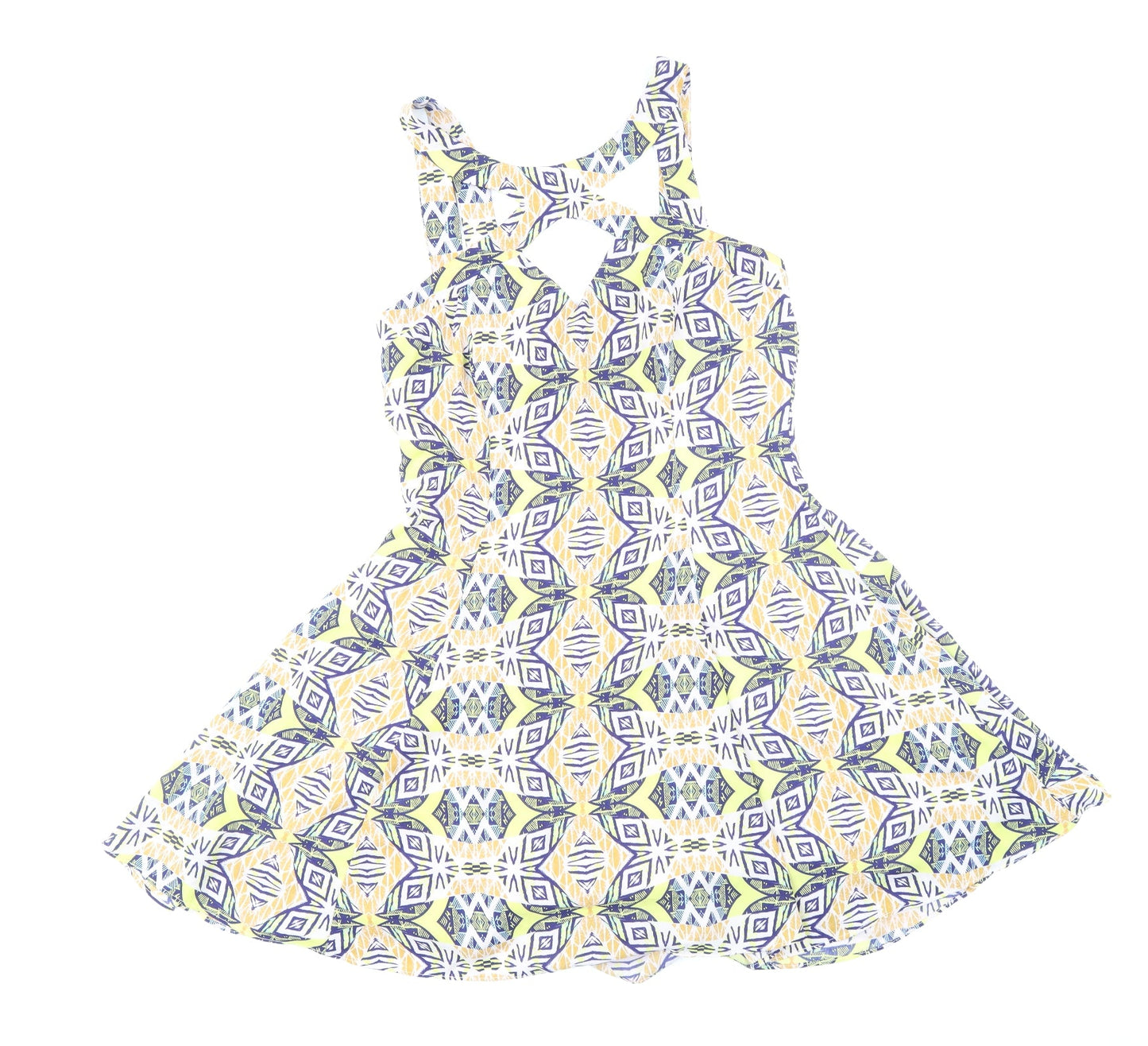 Missguided Womens Multicoloured Geometric Polyester Skater Dress Size 10 V-Neck Zip