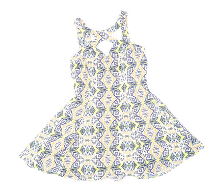 Missguided Womens Multicoloured Geometric Polyester Skater Dress Size 10 V-Neck Zip