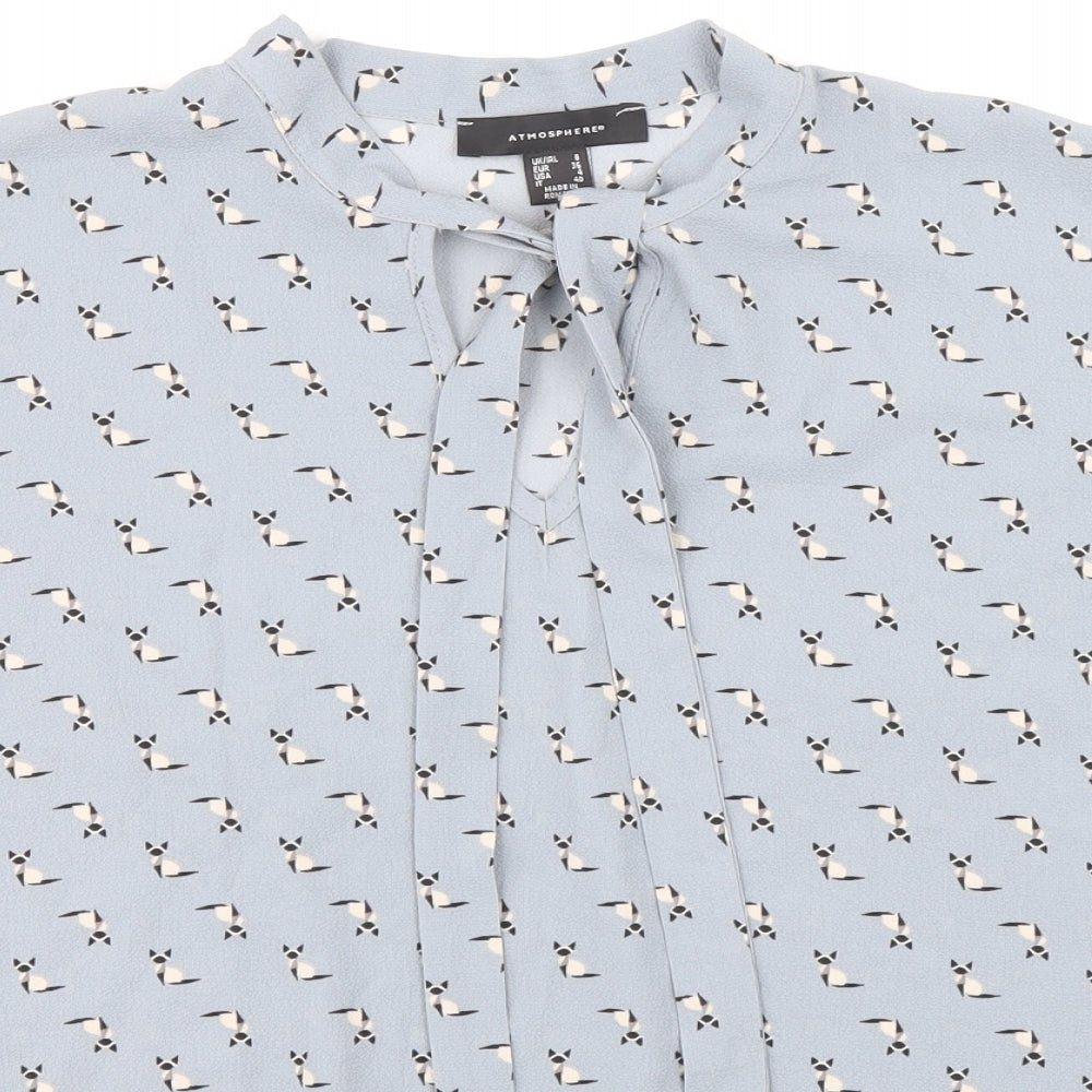 Primark Womens Blue Geometric Polyester Basic Blouse Size 8 Mock Neck - Cat Pattern