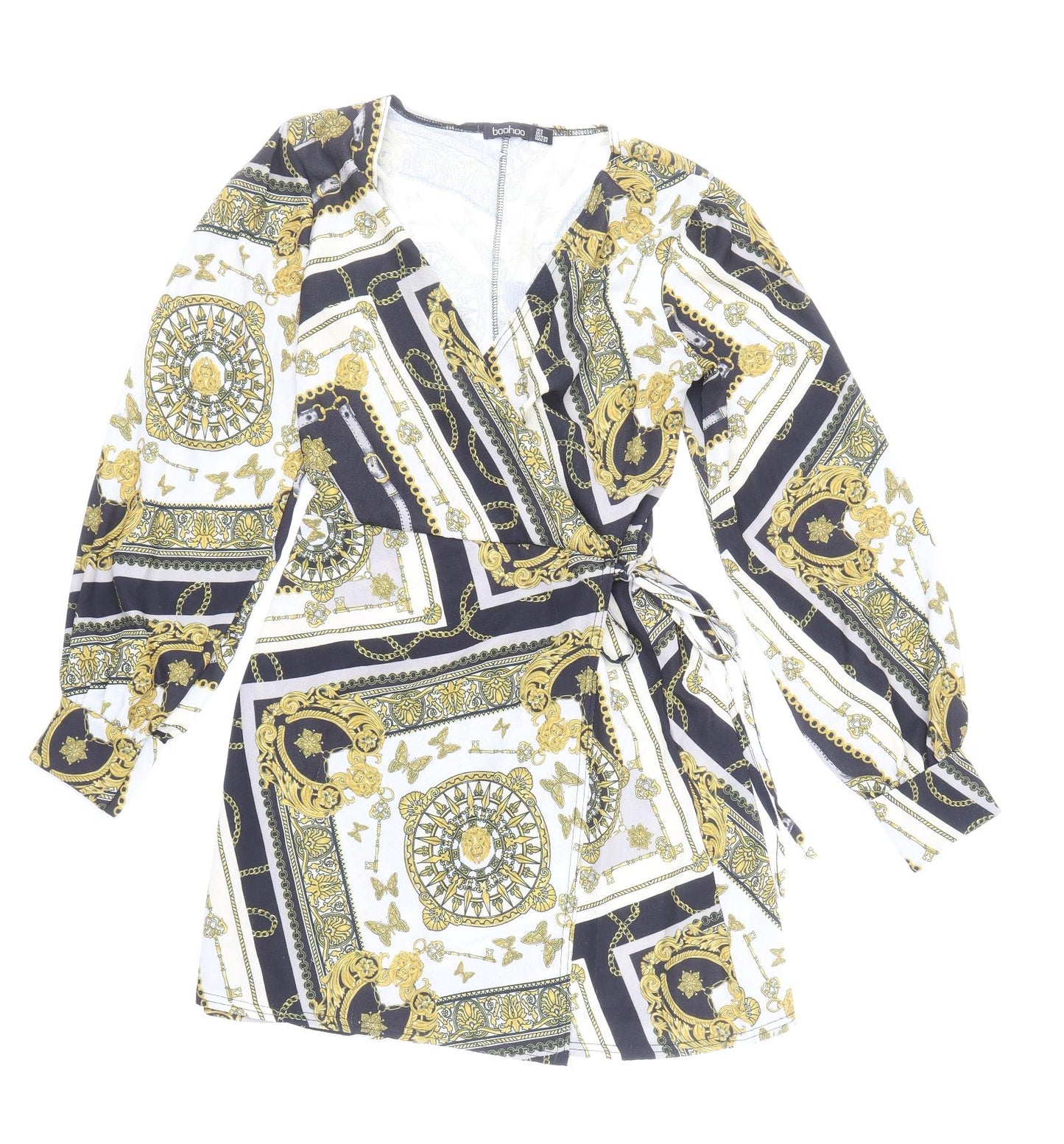 Boohoo Womens Multicoloured Geometric Polyester Wrap Dress Size 8 V-Neck Pullover