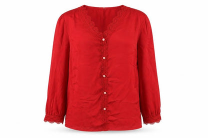 Urbanic Womens Red Polyester Basic Blouse Size S V-Neck - Lace Detail