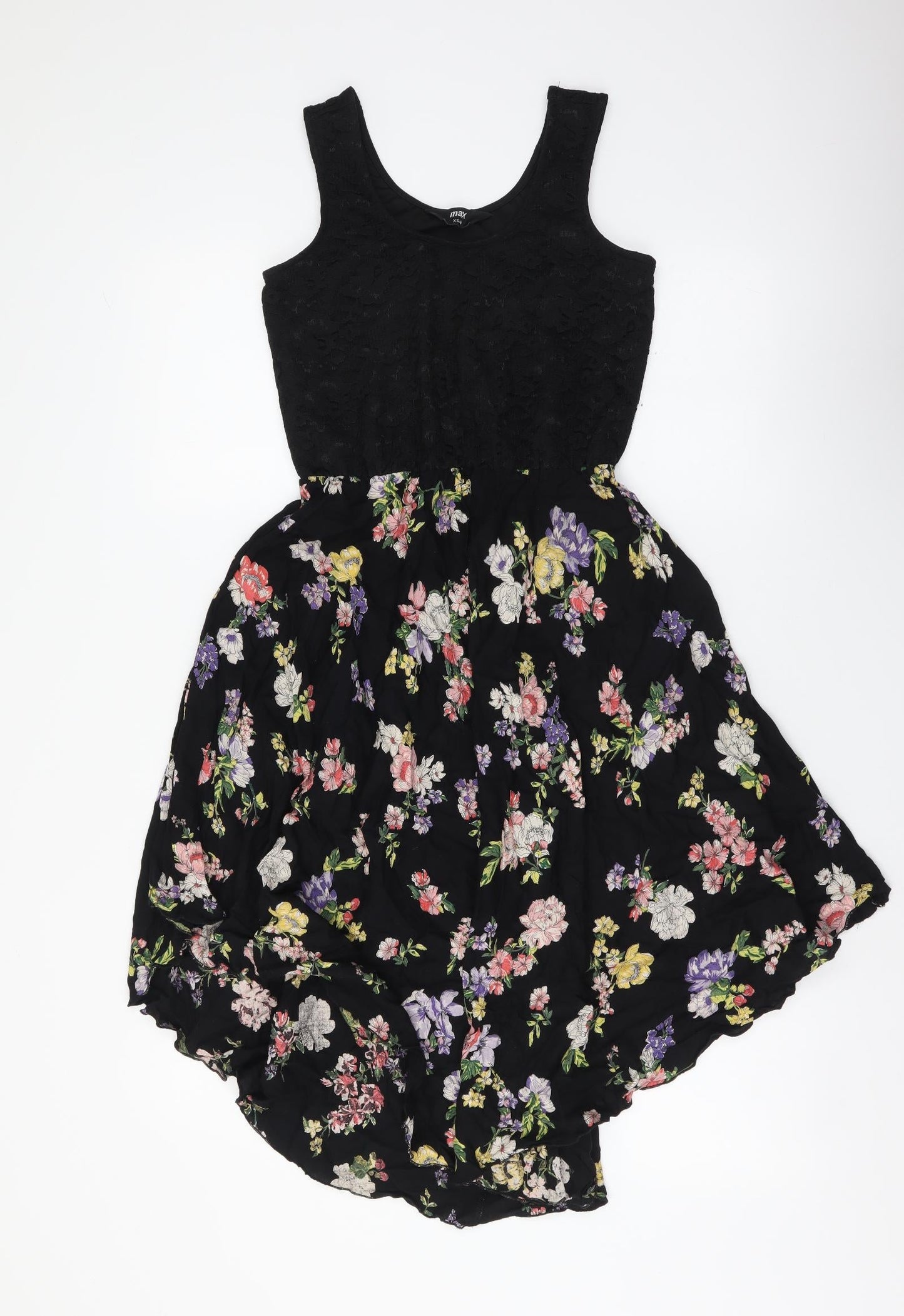 Max Womens Black Floral Polyester Tank Dress Size XS Scoop Neck Pullover