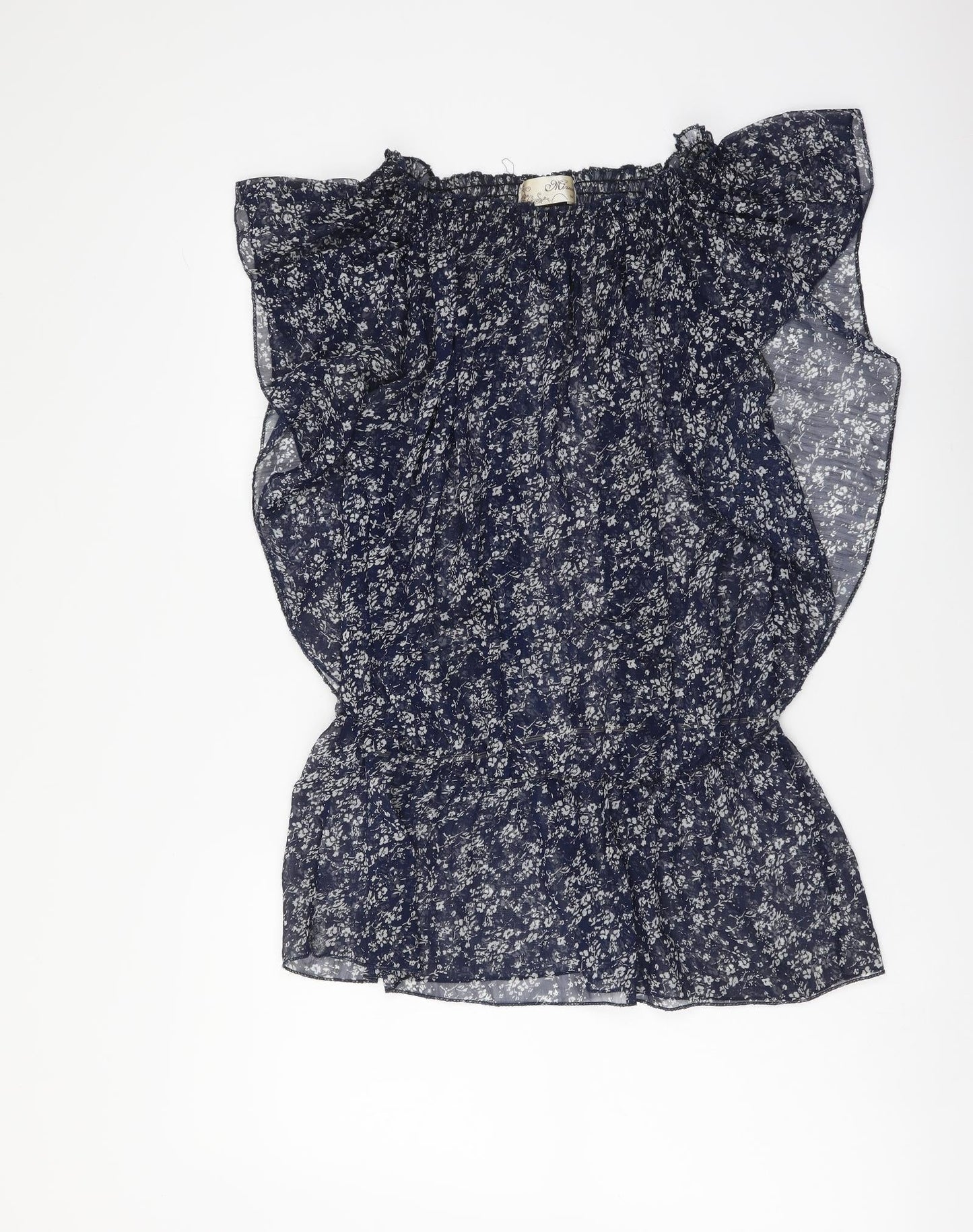 Mizumi Womens Blue Floral Polyester Basic Blouse Size M Round Neck