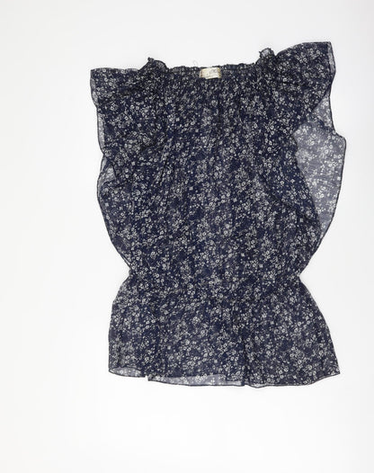 Mizumi Womens Blue Floral Polyester Basic Blouse Size M Round Neck