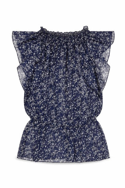 Mizumi Womens Blue Floral Polyester Basic Blouse Size M Round Neck